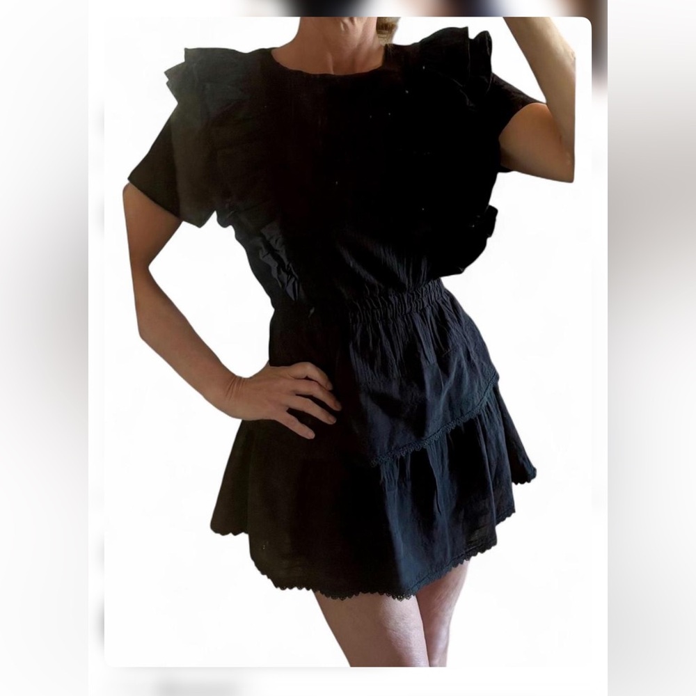 TCEC sz Medium women’s black tiered ruffled mini dress lace trim short sleeve